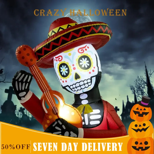 4-foot Halloween Inflatable Outdoor Skeleton Guitar Decoration, Day of The Dead Courtyard Decoration, Built-in LED Lights